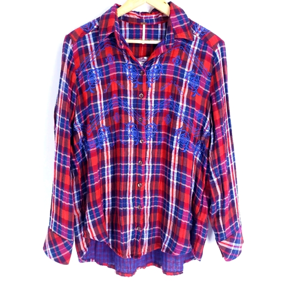 Free People Magical Plaid Embroidered Oversized Flannel Top Size Small New - Picture 1 of 8